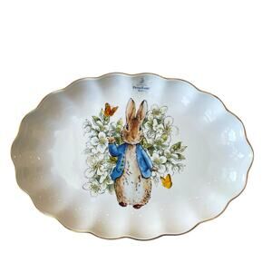 Peter Rabbit Beatrix Potter Ceramic Serving Platter 14x10 Gold Rim Easter New